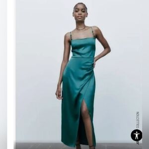 NWT Zara Satin Effect Lingerie Style Green Dress M